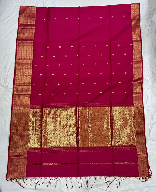 Dark Pink Maheshwari Saree with zari Pallu and grand border