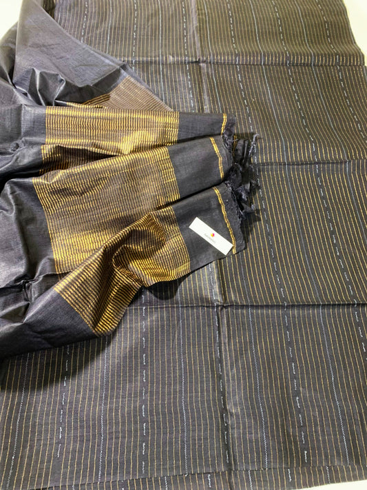 Black Tussar  Silk Saree with Zari Stripes