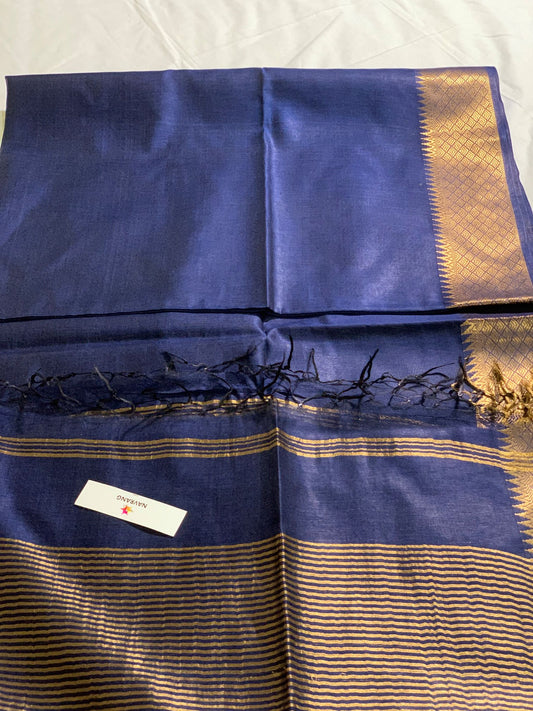 Blue Plain Tussar Saree with zari border