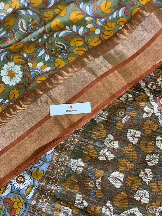 floral green Printed Tussar Silk Saree