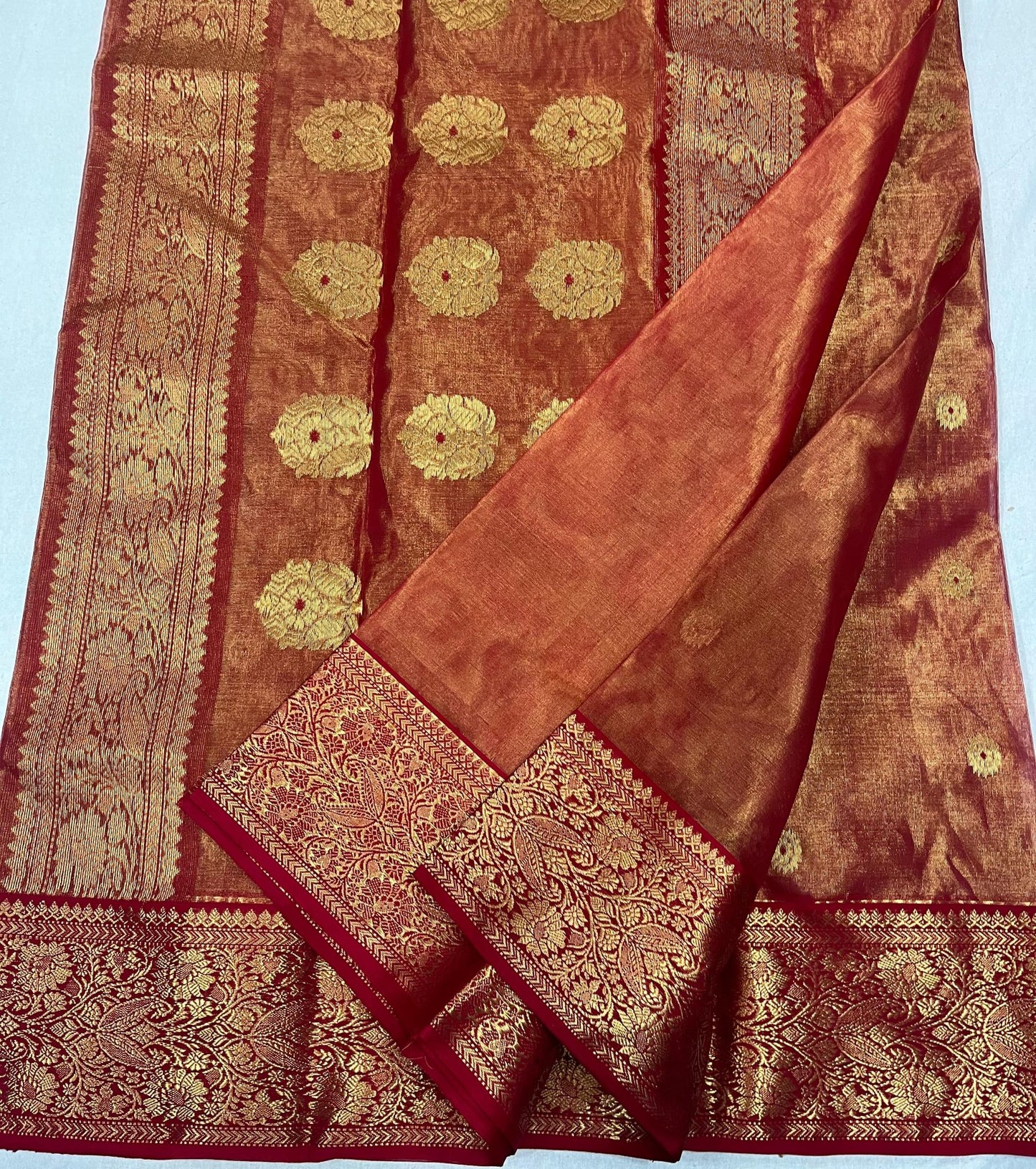 Golden Red Dual shade Tissue Katan Chanderi Saree