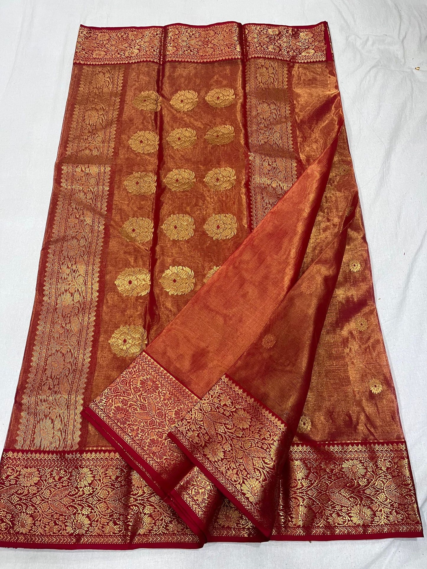 Golden Red Dual shade Tissue Katan Chanderi Saree