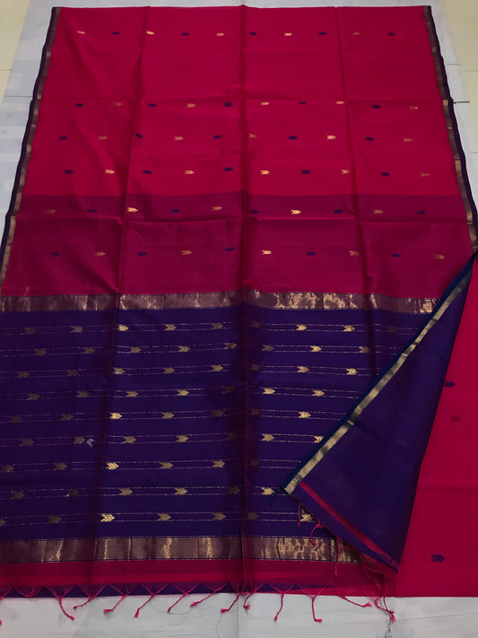 Pinkred shade with blue Maheshwari silk cotton Saree