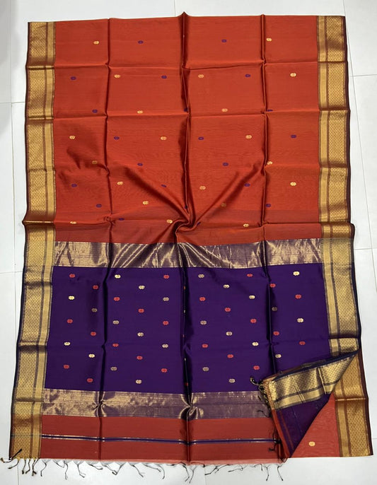 Rusty orange and purple Maheshwar silk cotton saree