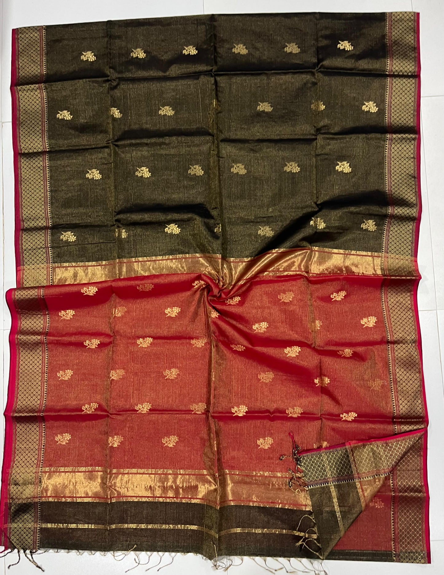 Brown orange Maheshwari Tissue silk saree