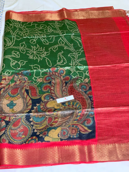 green Printed Tussar Silk Saree