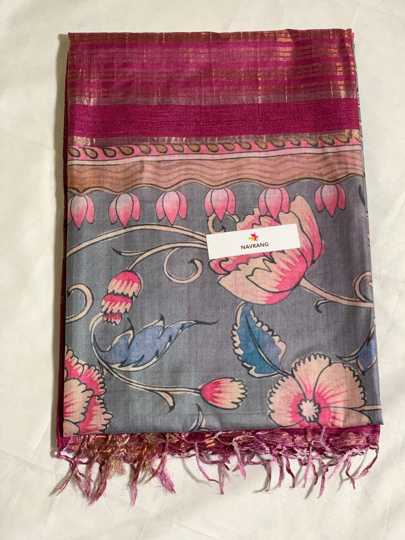 Grey and Pink floral printed Tussar Silk Saree