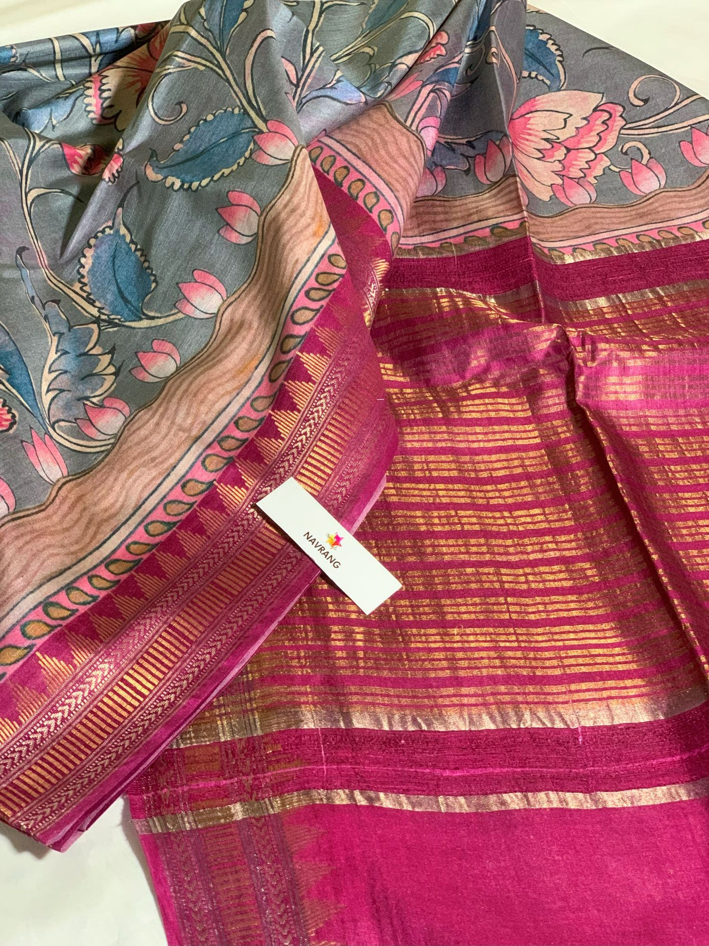 Grey and Pink floral printed Tussar Silk Saree