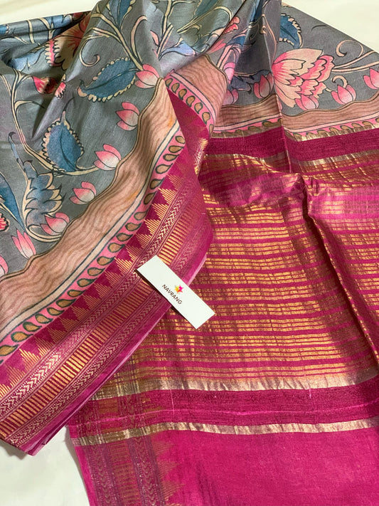 Grey and Pink floral printed Tussar Silk Saree