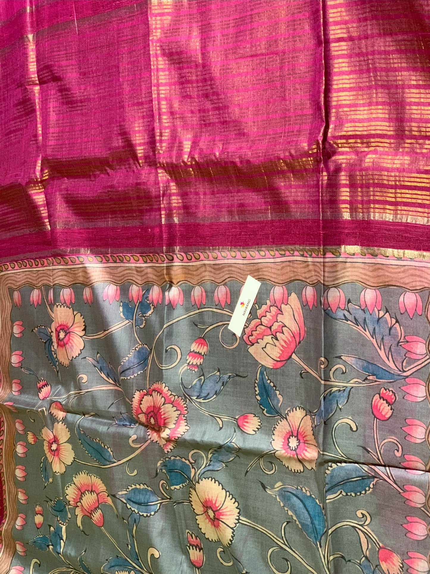 Grey and Pink floral printed Tussar Silk Saree