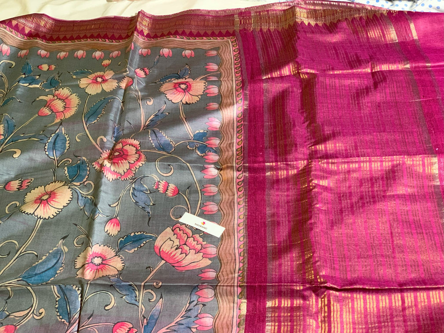 Grey and Pink floral printed Tussar Silk Saree