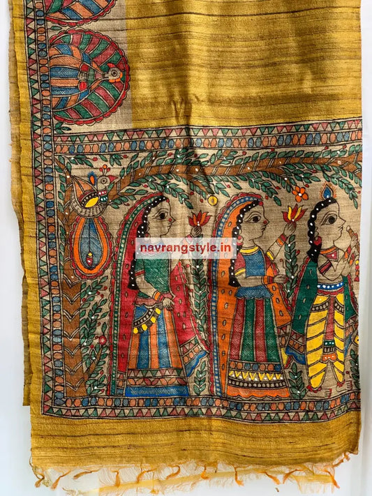 Handpainted Madhubani Ghicha Silk Saree Hanpainted Saree