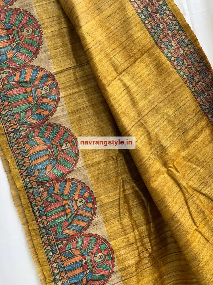 Handpainted Madhubani Ghicha Silk Saree Hanpainted Saree