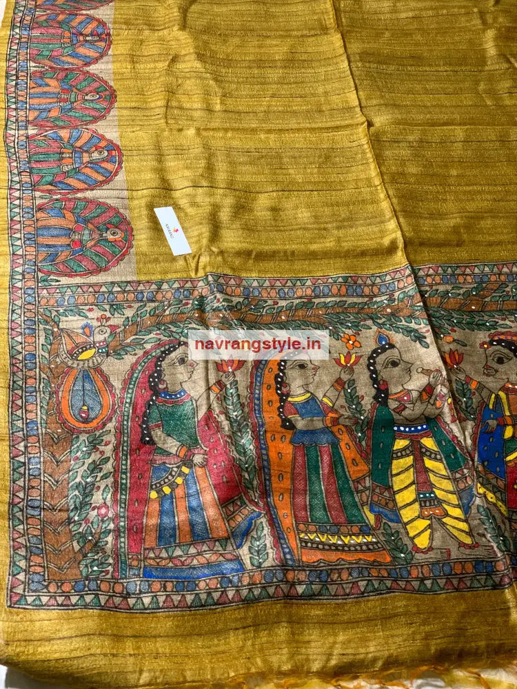 Handpainted Madhubani Ghicha Silk Saree Hanpainted Saree