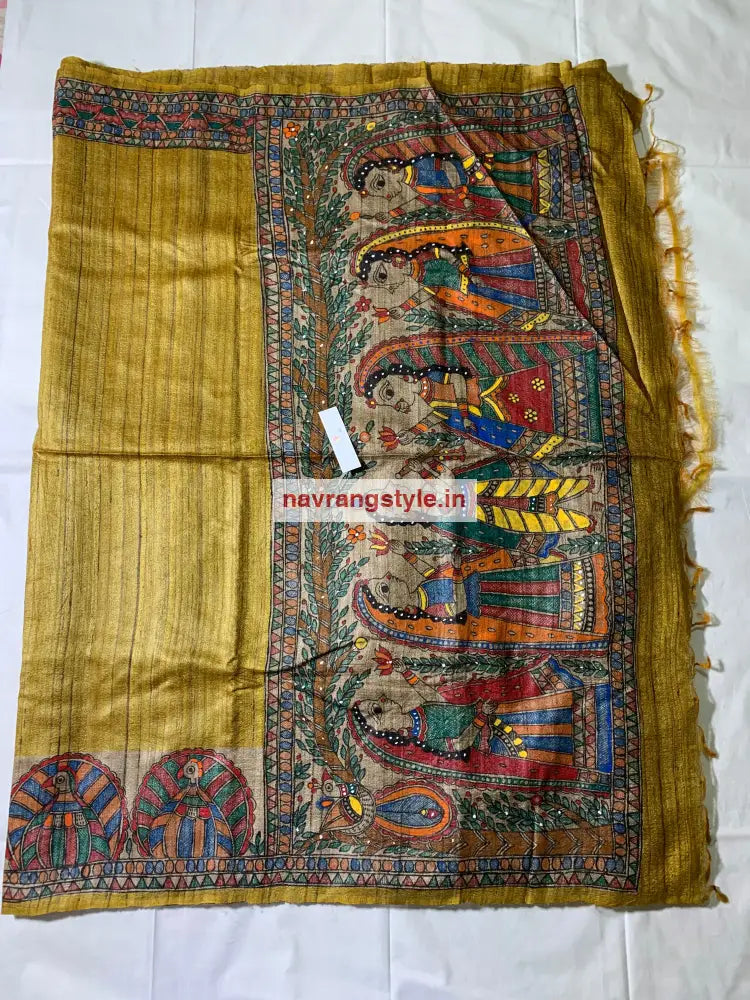 Handpainted Madhubani Ghicha Silk Saree Hanpainted Saree