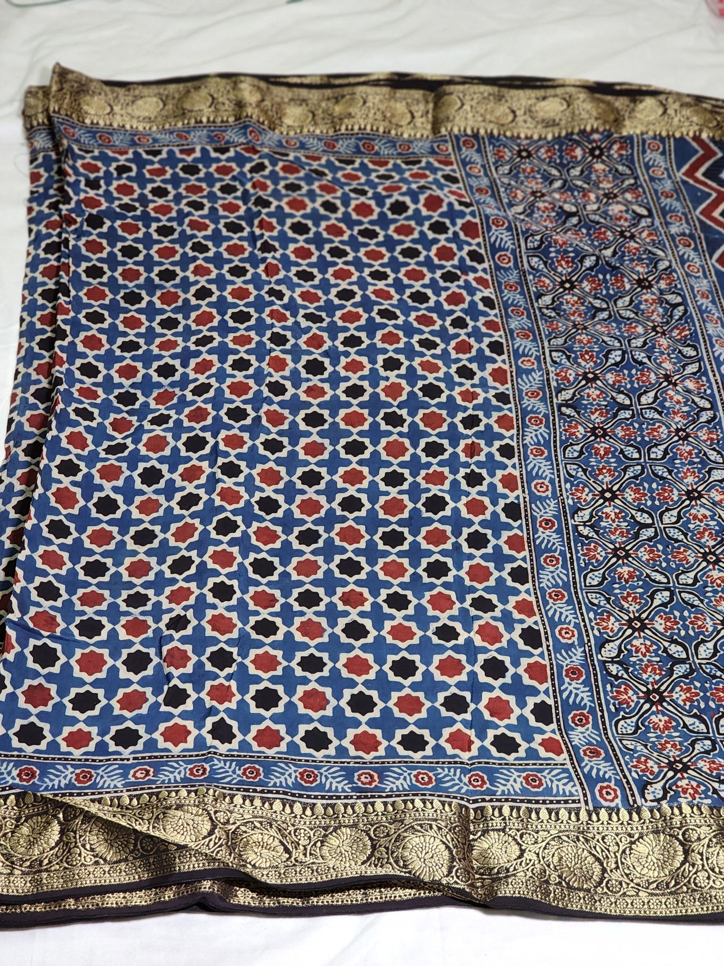Zoya - Indigo base Ajrakh Dola silk Saree
