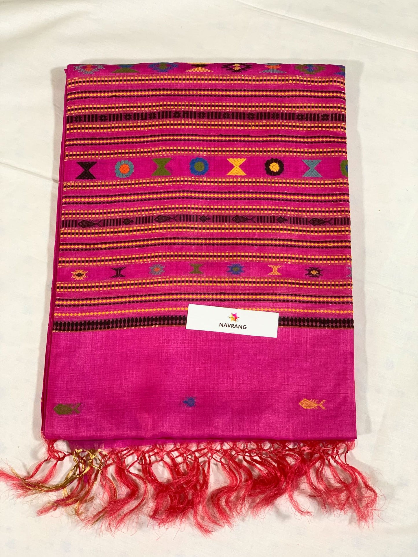 Woven Khapa Fish motif Tussar silk saree hot pink
