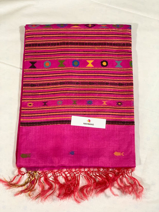 Woven Khapa Fish motif Tussar silk saree hot pink