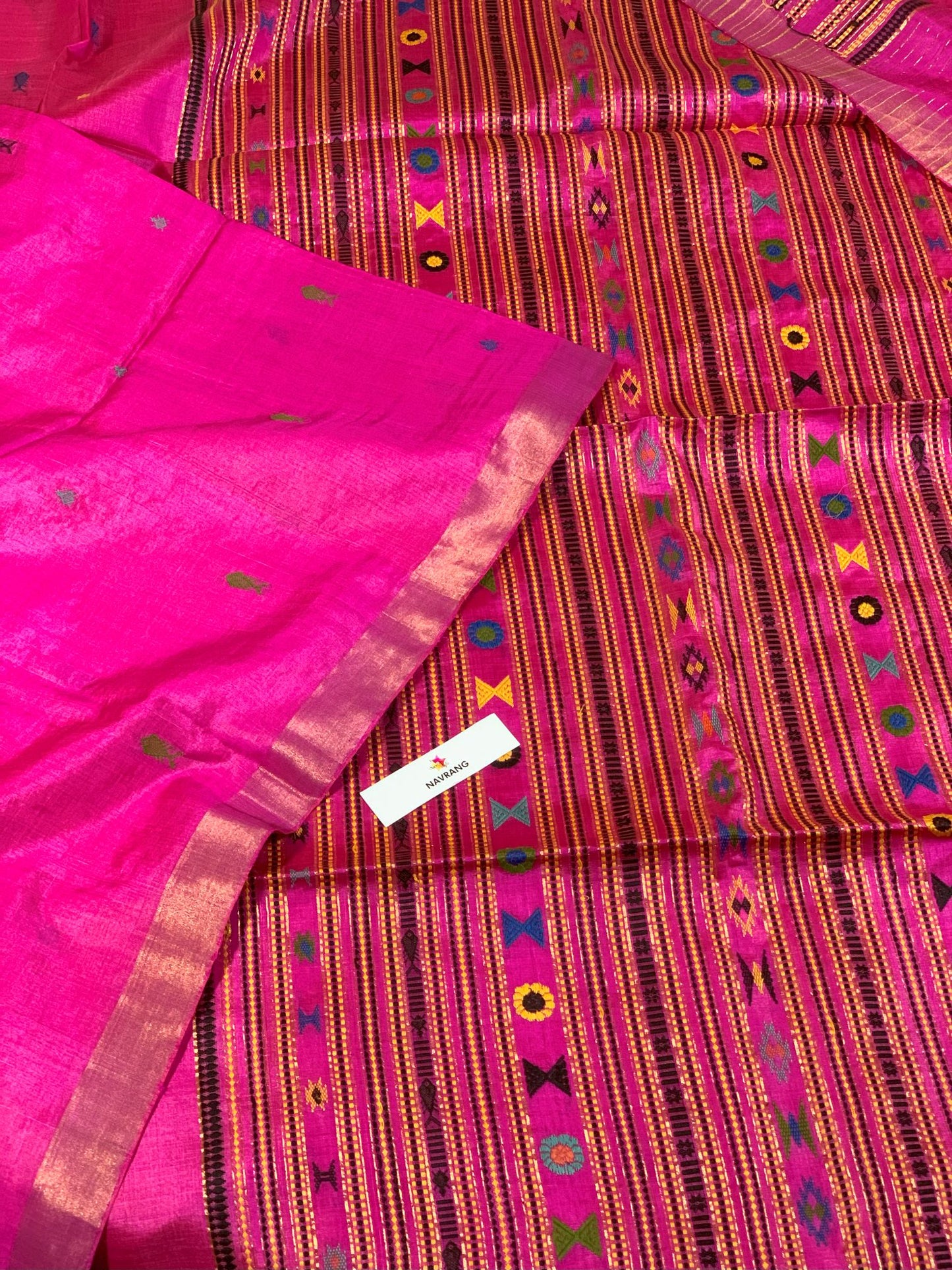 Woven Khapa Fish motif Tussar silk saree hot pink
