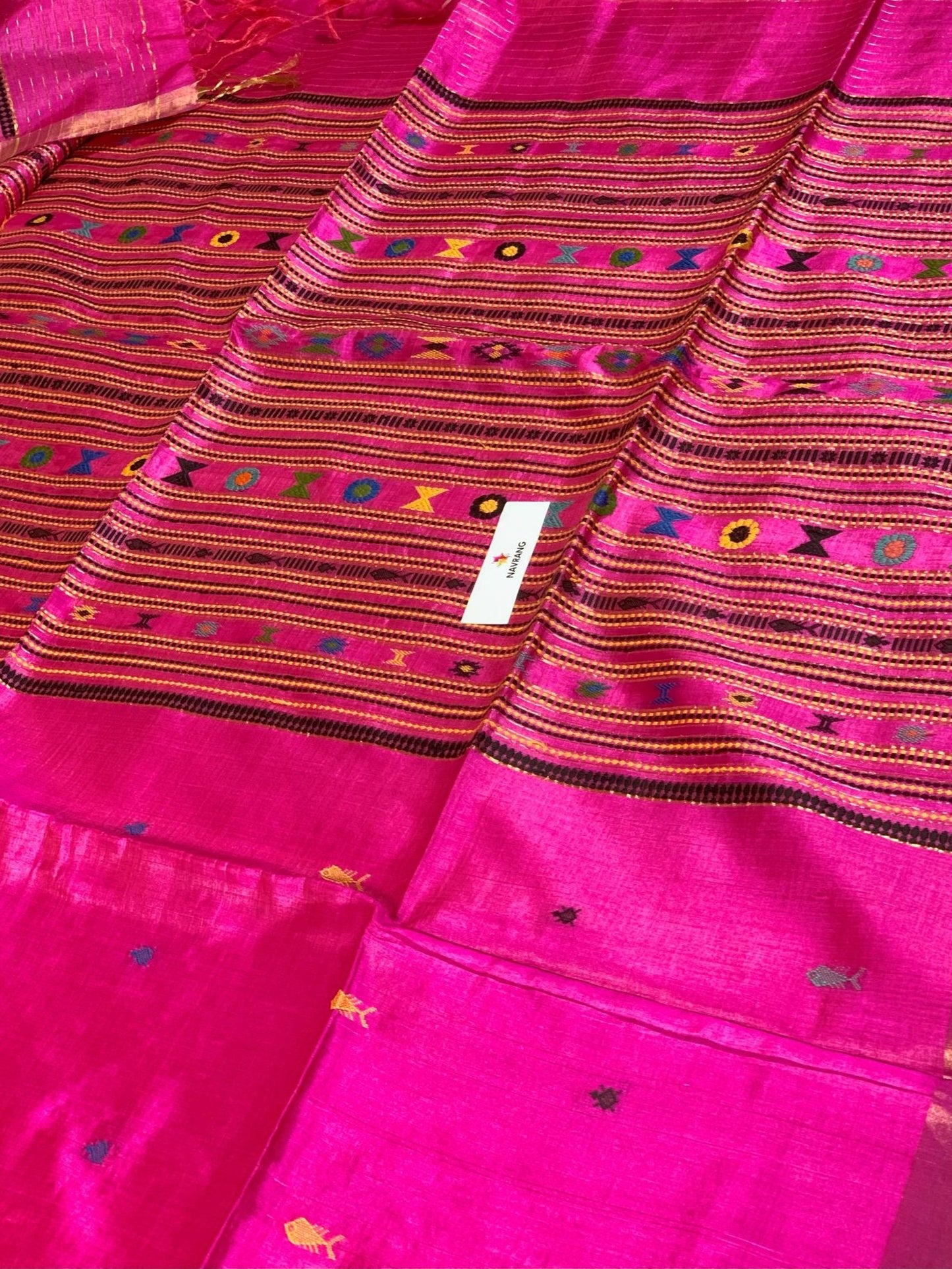 Woven Khapa Fish motif Tussar silk saree hot pink