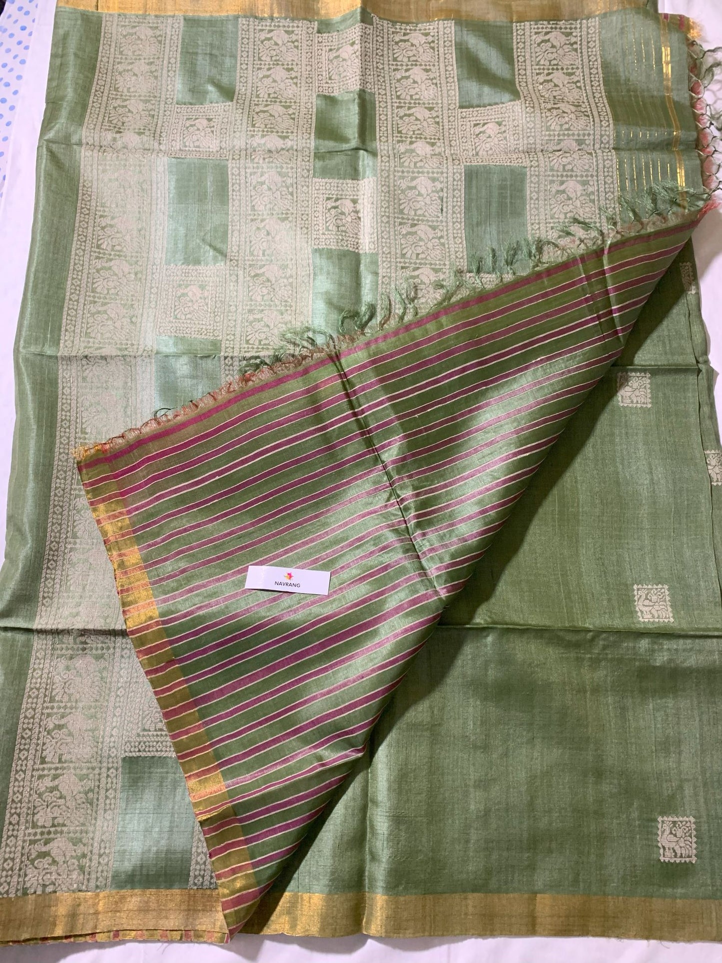 Woven Peacock Motif Pastel Tussar silk saree