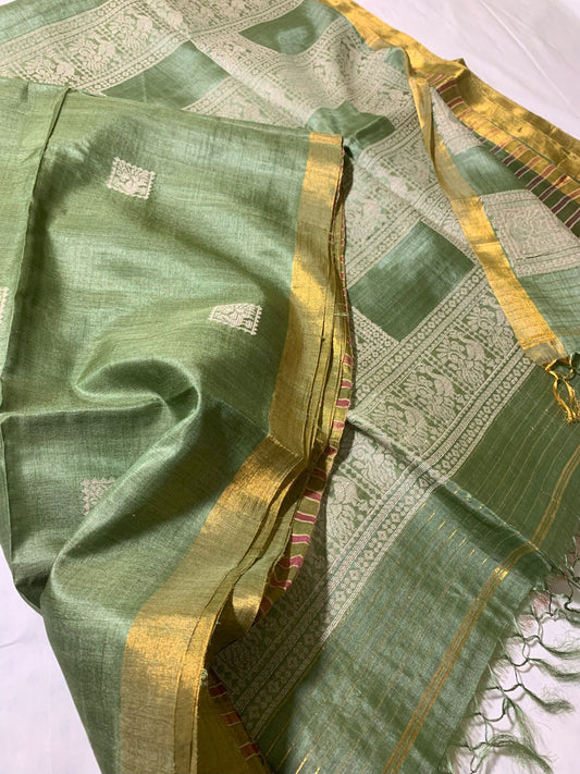 Woven Peacock Motif Pastel Tussar silk saree