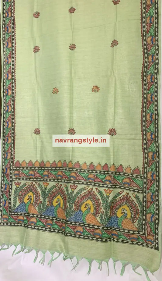 Morni-Madhubani Handpainted Dupatta Green