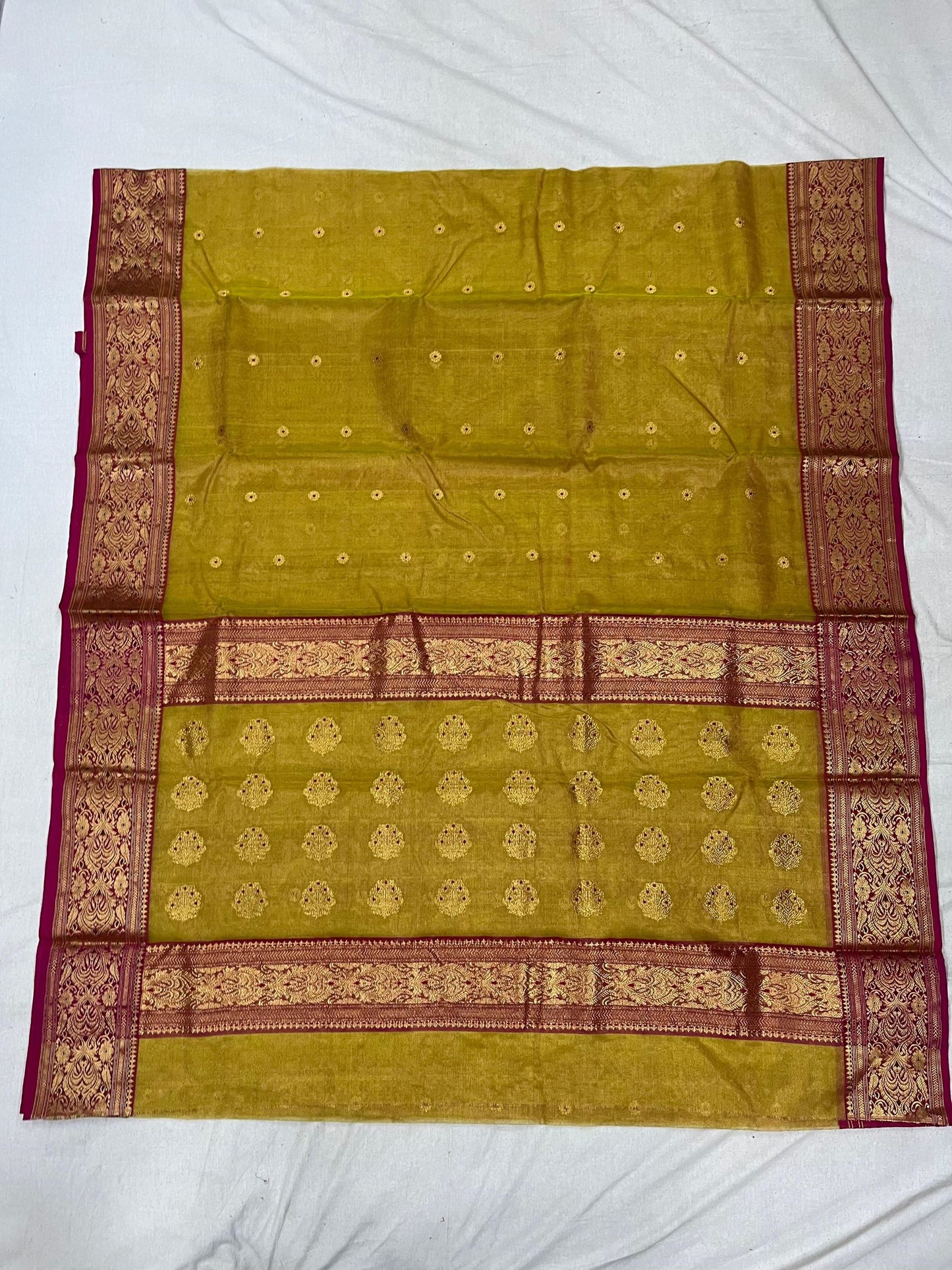 Olive Green Tissue Katan Chanderi silk saree with Meenakari booti