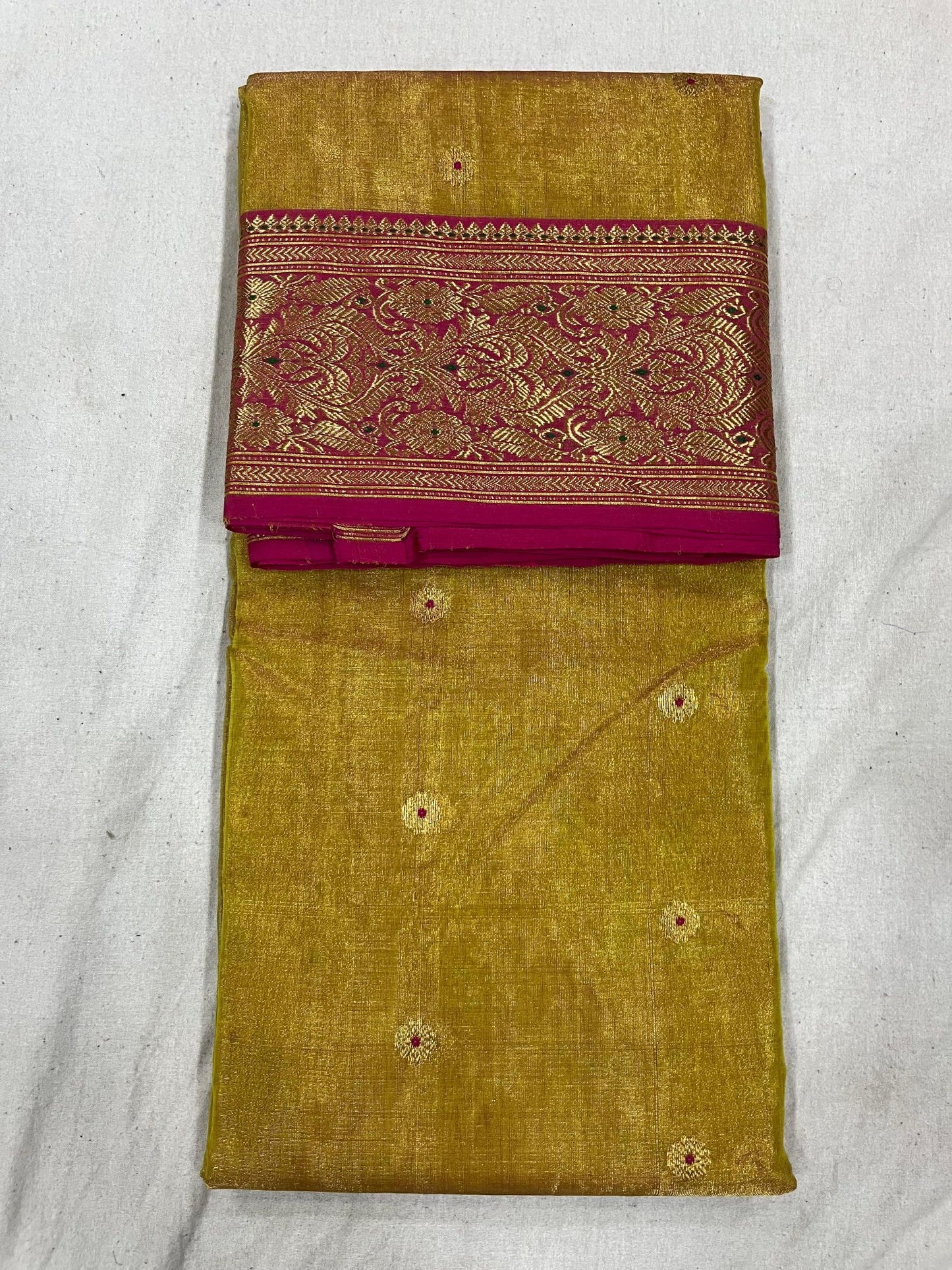 Olive Green Tissue Katan Chanderi silk saree with Meenakari booti