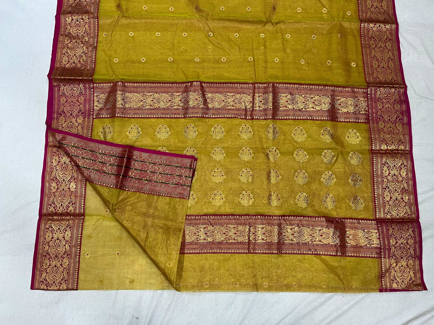 Olive Green Tissue Katan Chanderi silk saree with Meenakari booti