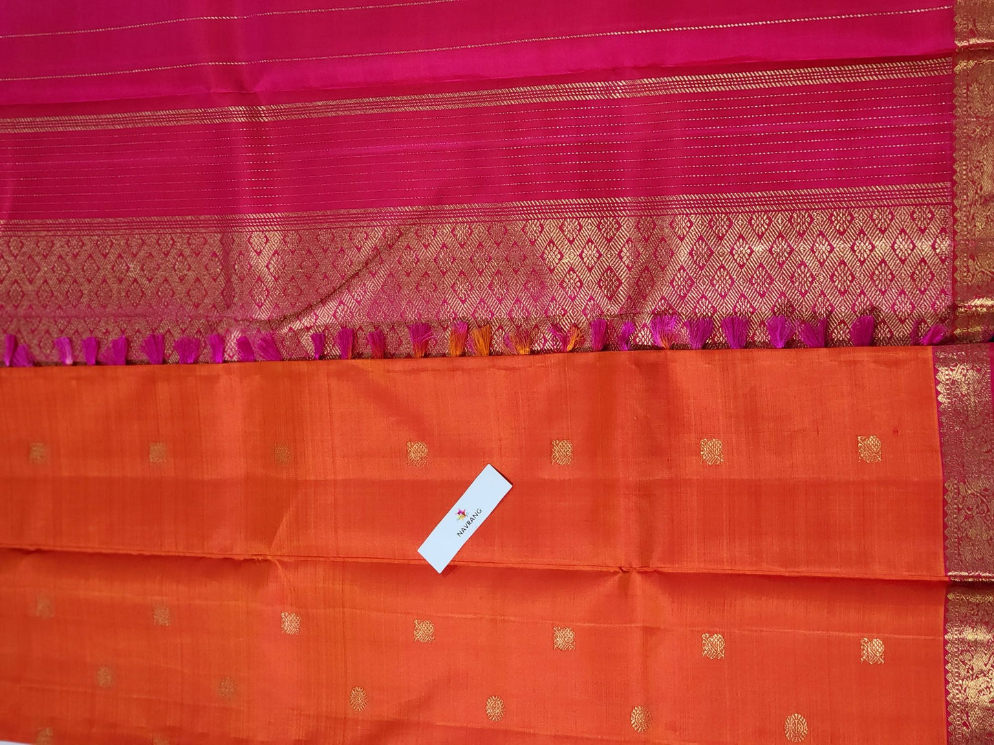 Orange and pink Kanjivaram saree with pure zari