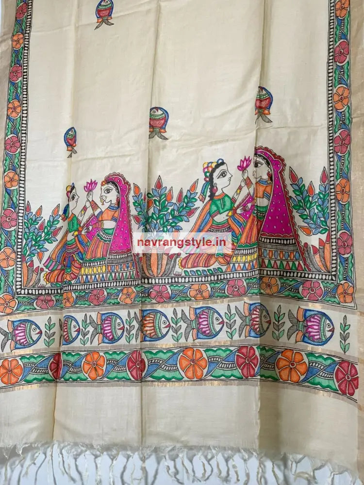 Radhakrishna - Madhubani Handpainted Silk Dupatta