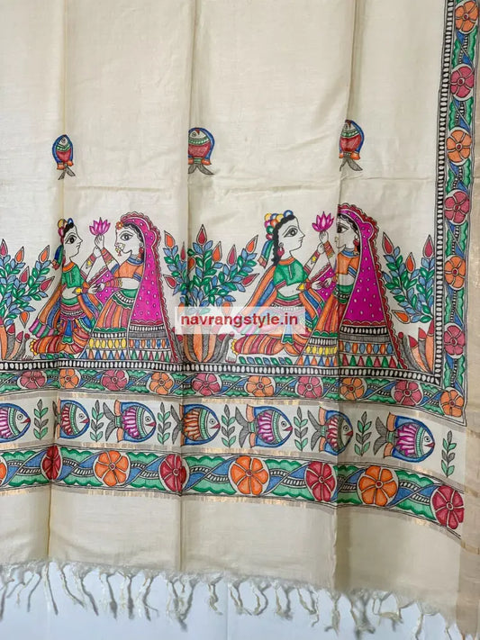 Radhakrishna - Madhubani Handpainted Silk Dupatta