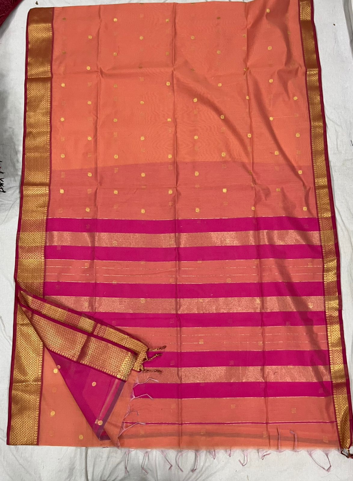 Peach and pink Art silk cotton semi maheshwari saree