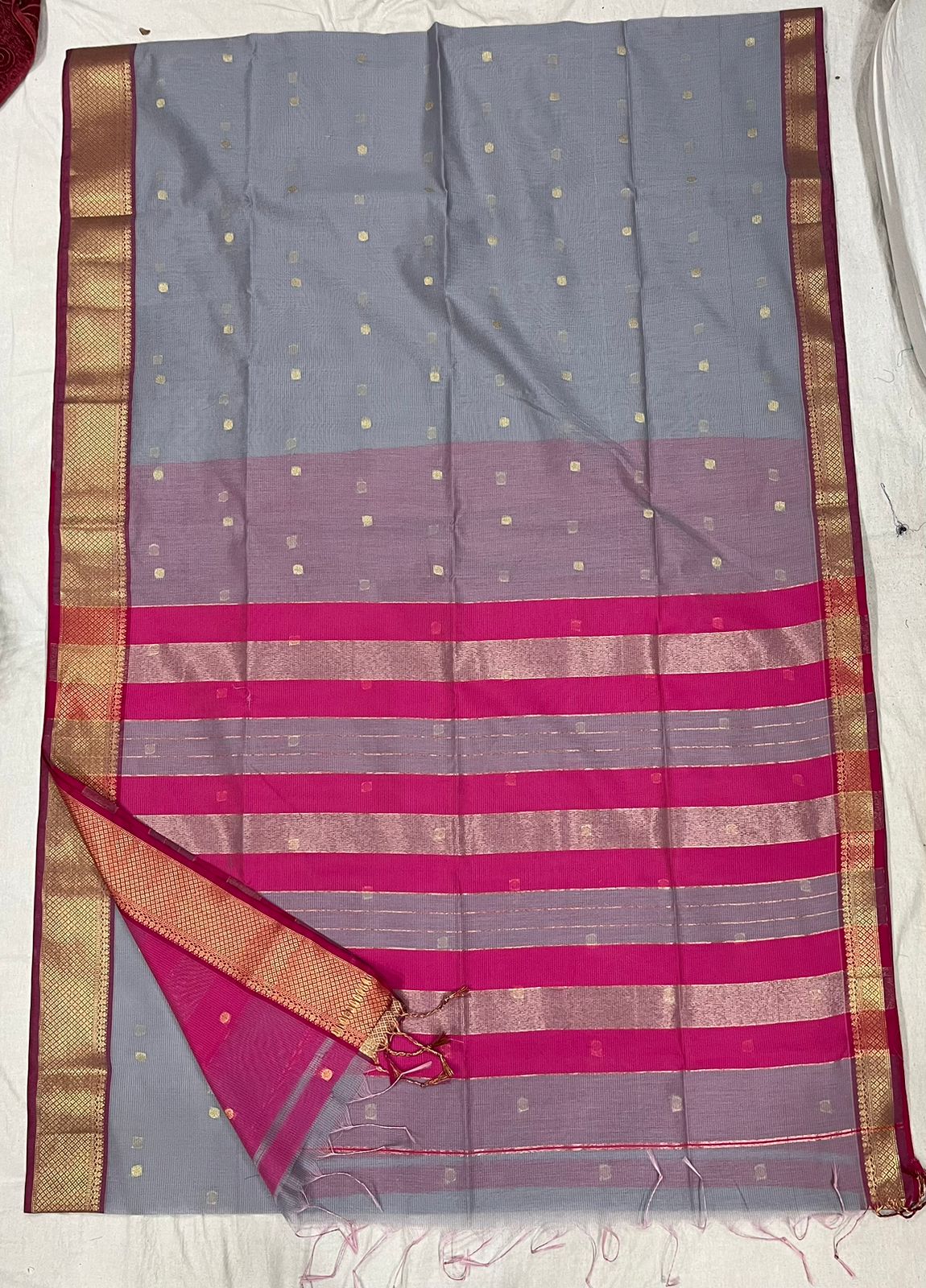 Grey and Pink Semi Maheshwari Saree