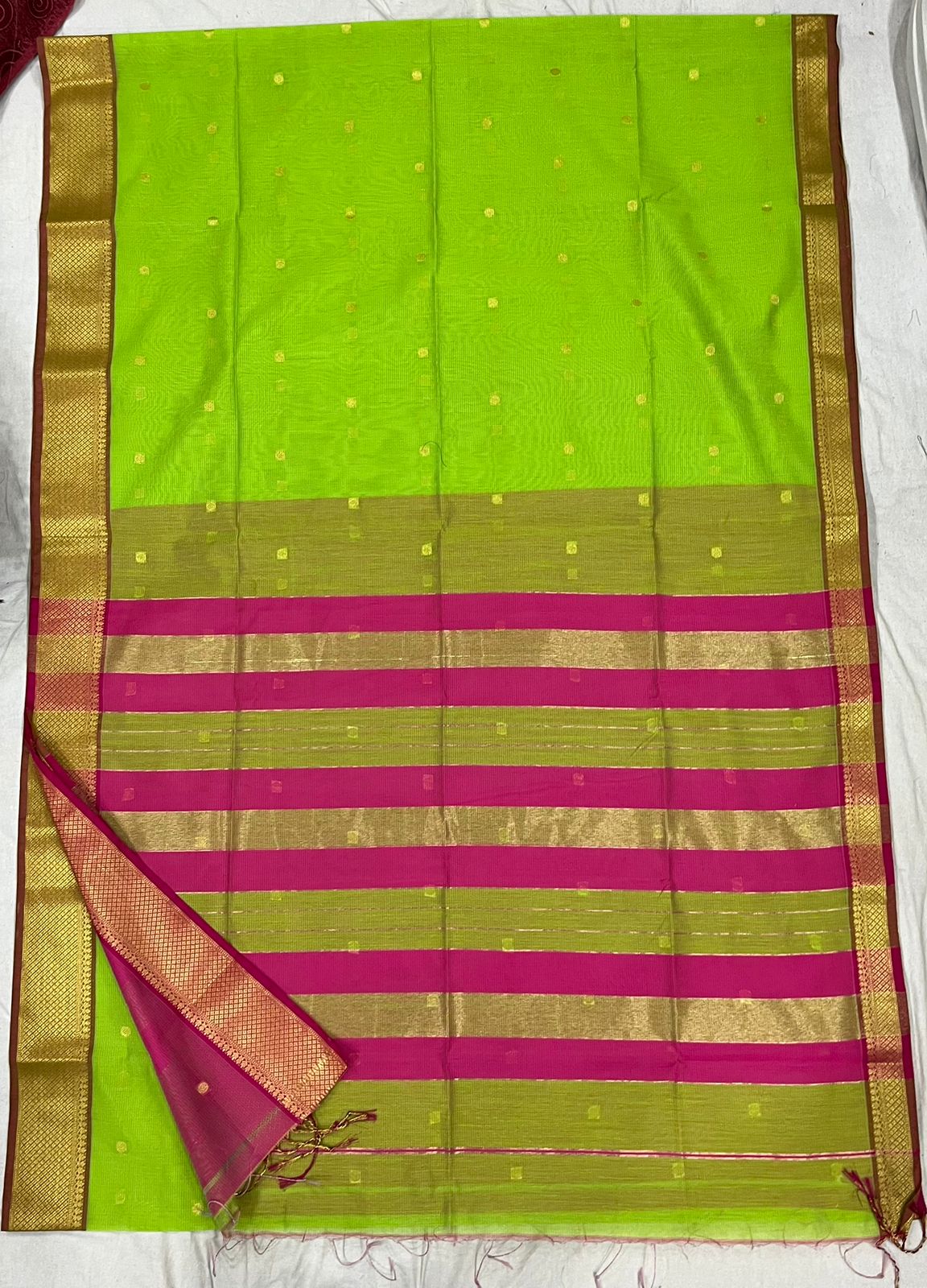 Green and pink semi Maheshwari saree