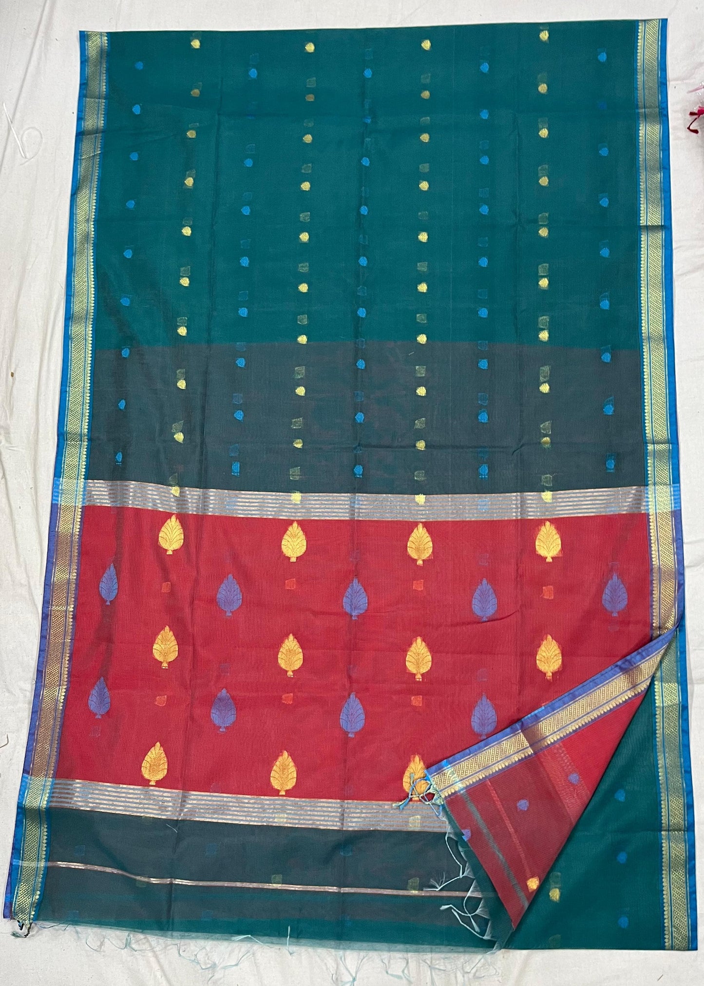 Teal Blue with pink Semi Maheshwari with all over boota