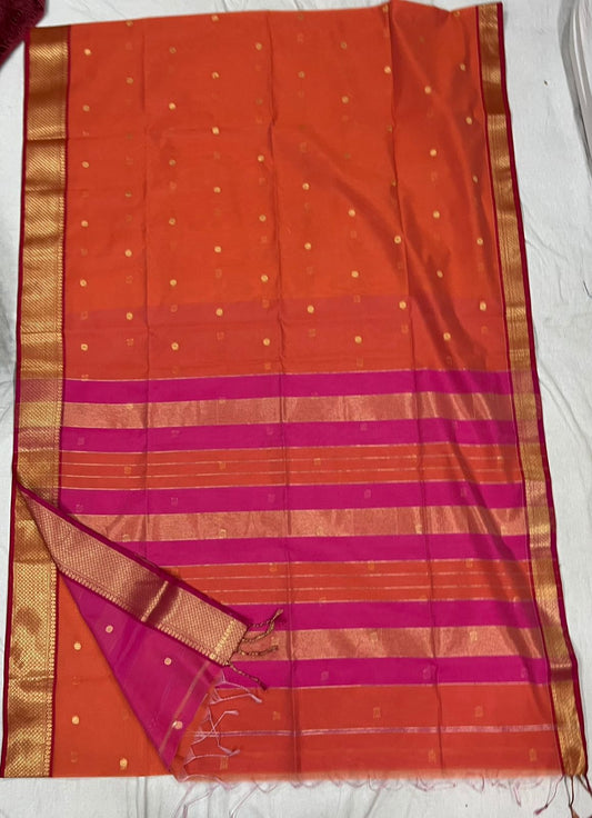 Orange and pink Art silk cotton- semi Maheshwari saree