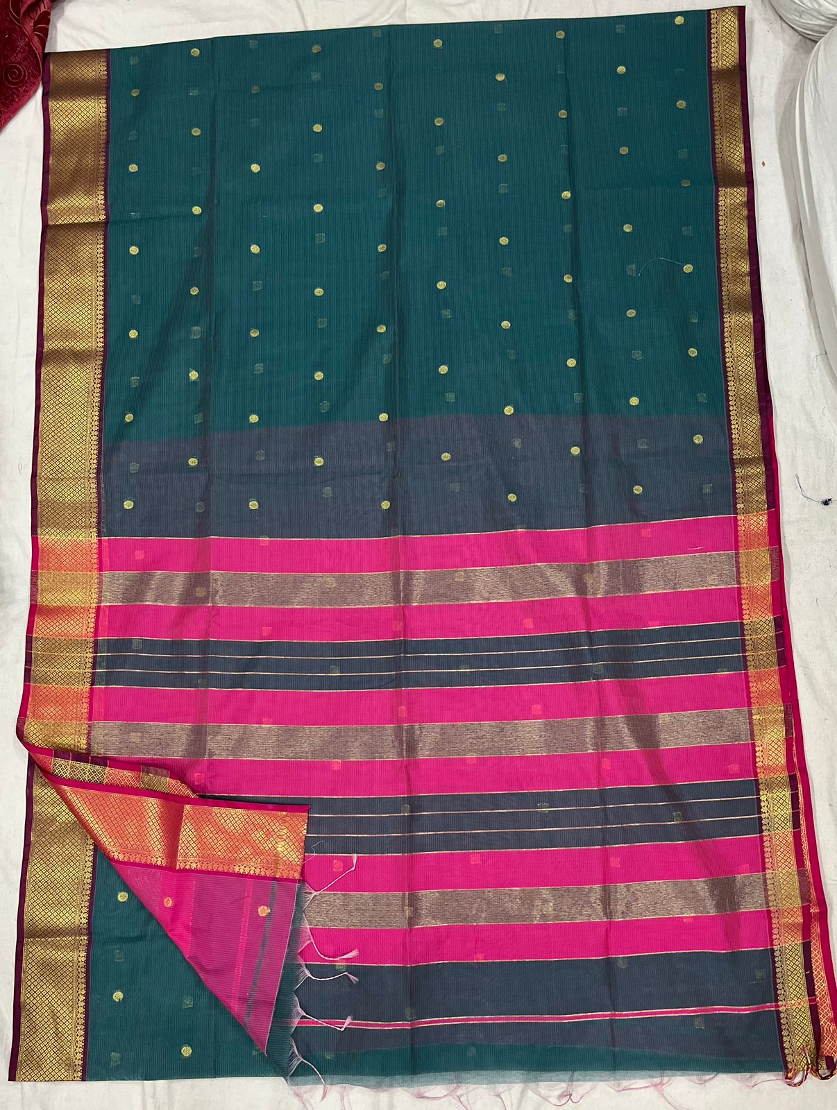 Teal Blue and Pink Semi Maheshwari saree