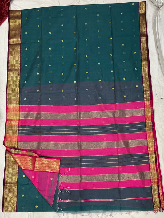 Teal Blue and Pink Semi Maheshwari saree