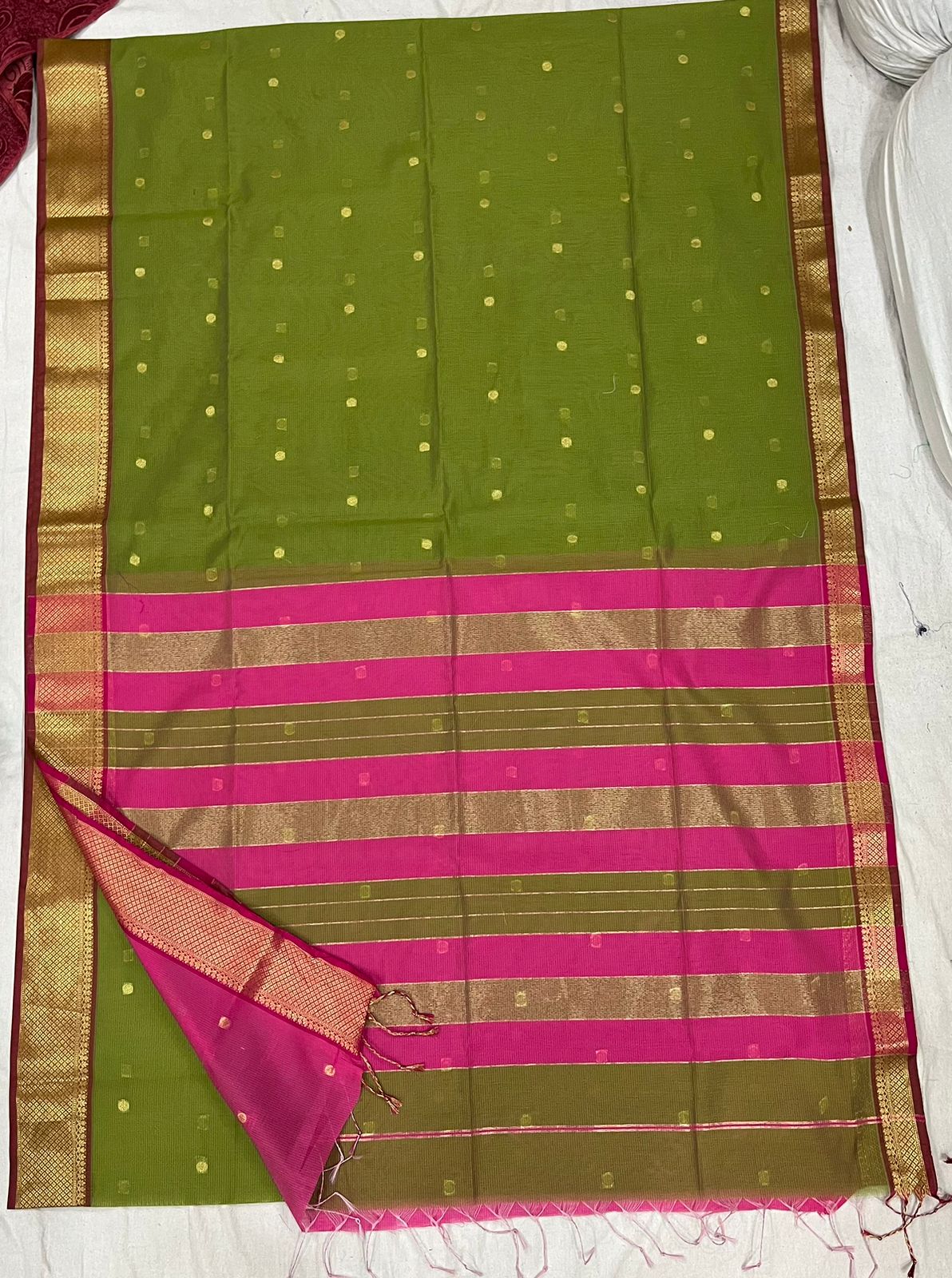 Olive green and pink Semi Maheshwari Saree