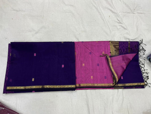 Purple and Blue Thin Zari border Maheshwari Silk cotton Saree