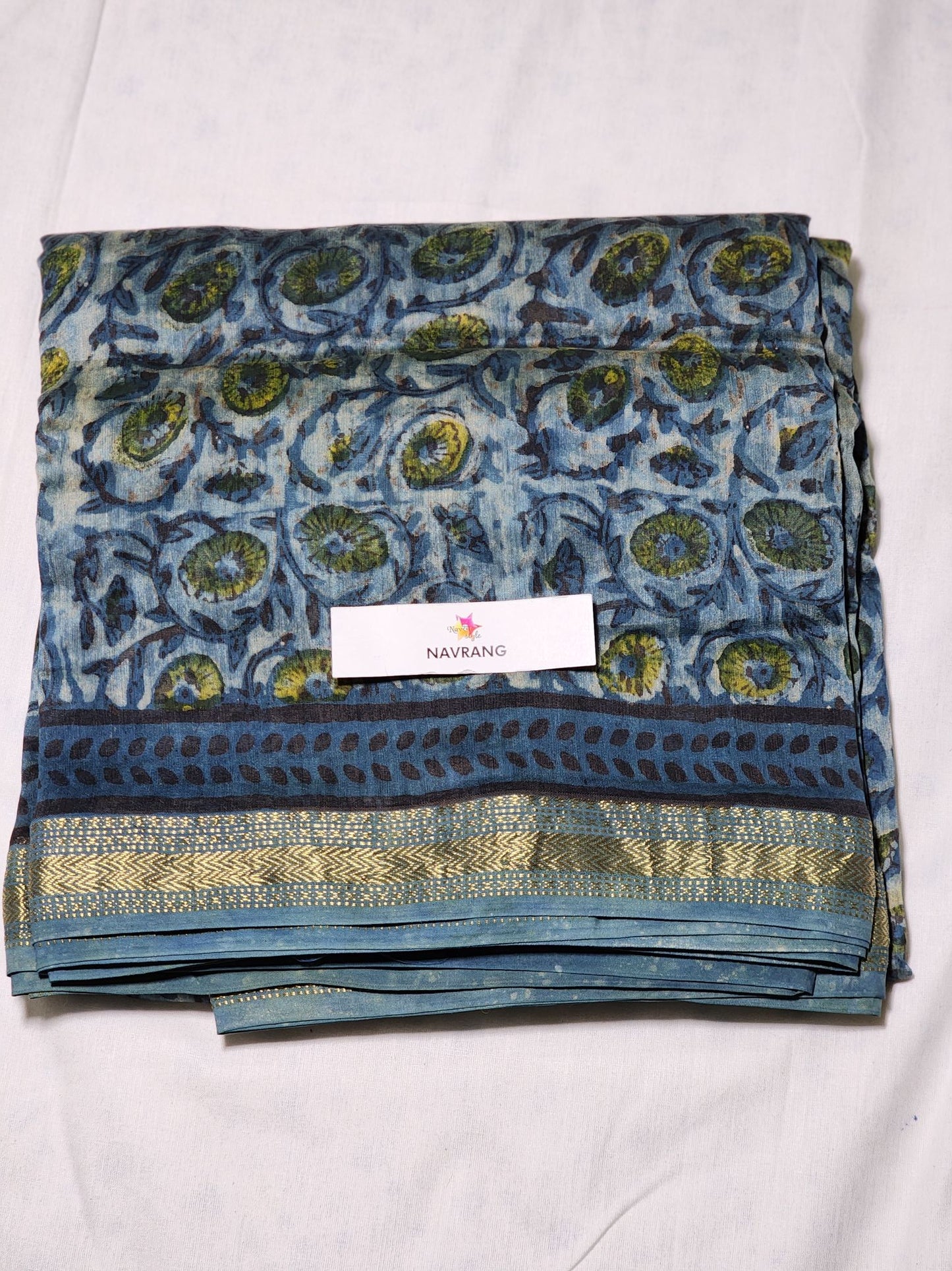 Vanaspati Ajrakh Maheshwari Silk Cotton Saree Indigo