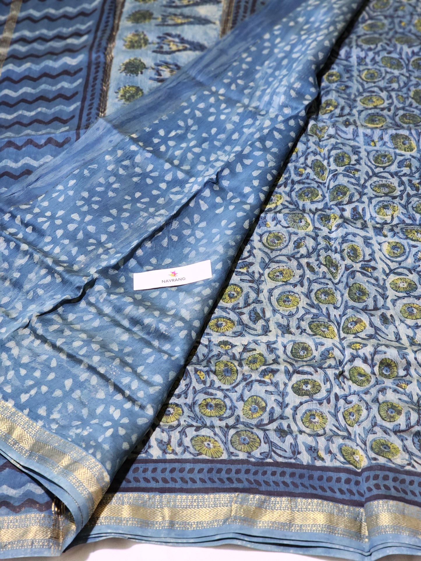 Vanaspati Ajrakh Maheshwari Silk Cotton Saree Indigo