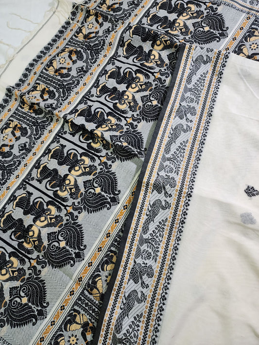 White and black cotton baluchari saree