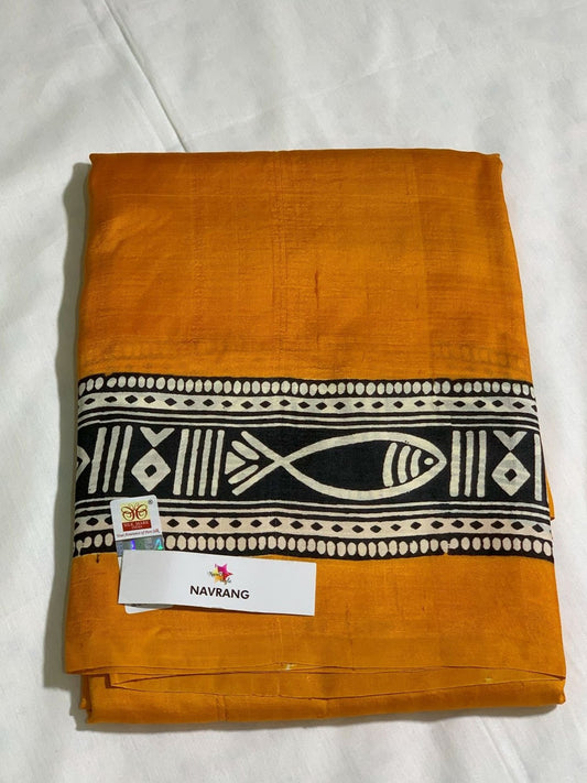 Golden orange Block printed Murshidabadi Silk Saree