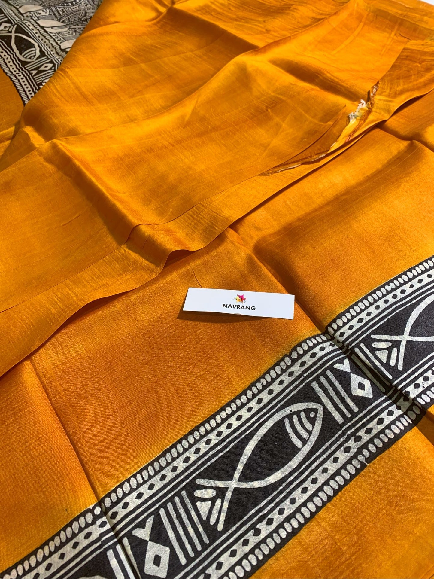 Golden orange Block printed Murshidabadi Silk Saree