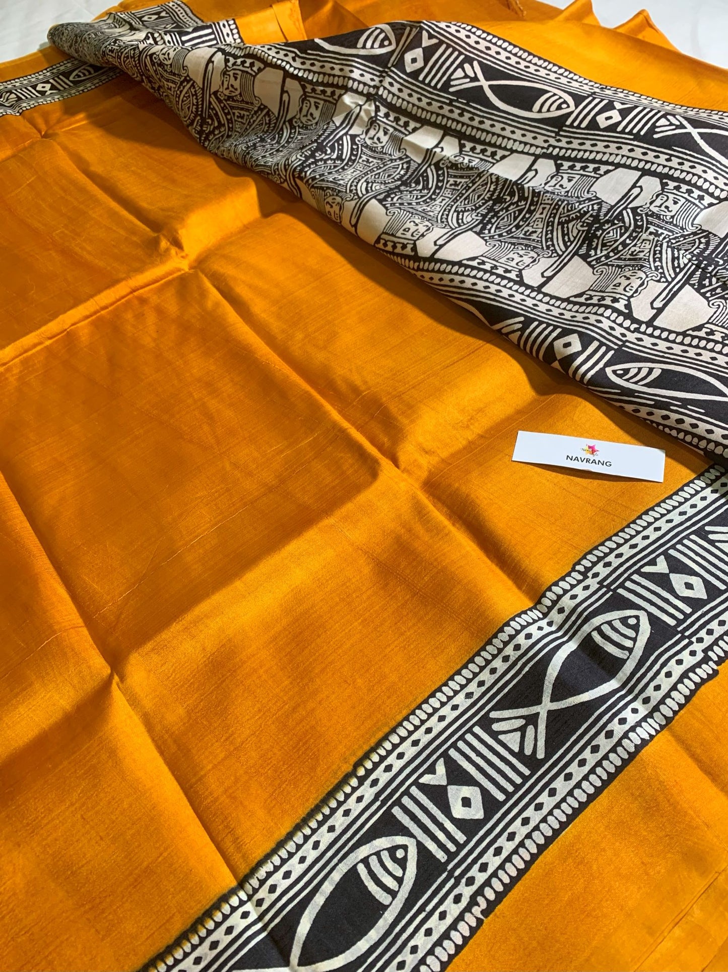 Golden orange Block printed Murshidabadi Silk Saree